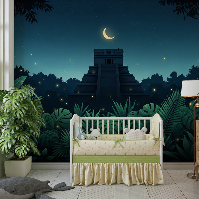 Papier peint chambre enfant | Mystérieuse jungle nocturne avec pyramide maya