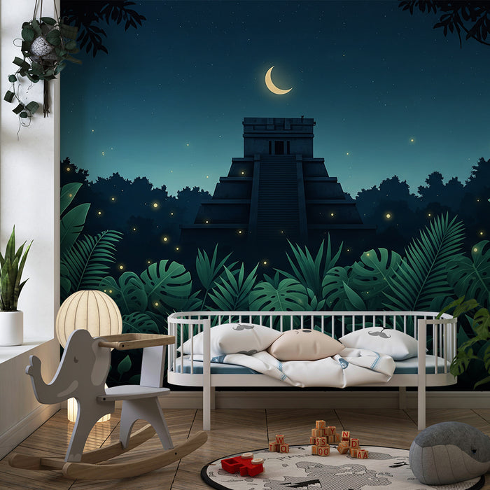 Papier peint chambre enfant | Mystérieuse jungle nocturne avec pyramide maya