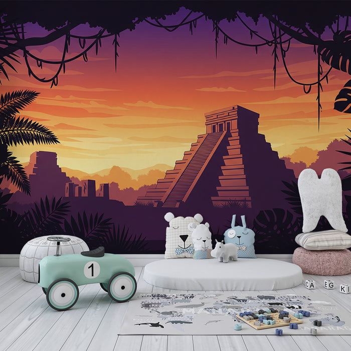 Carta da parati per cameretta | Tempio Maya misterioso al tramonto