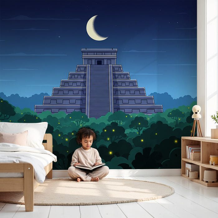 Papel de parede para quarto de criança | Templo maia misterioso ao luar