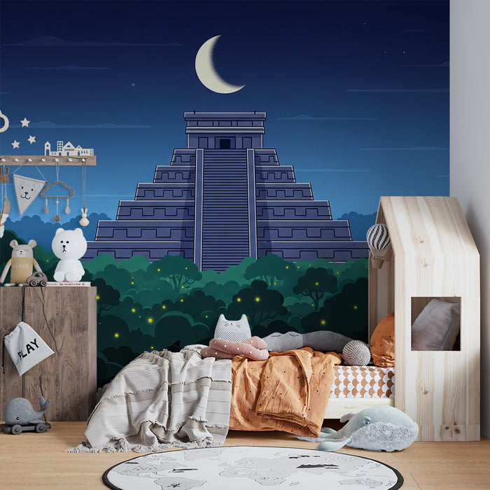 Papel de parede para quarto de criança | Templo maia misterioso ao luar