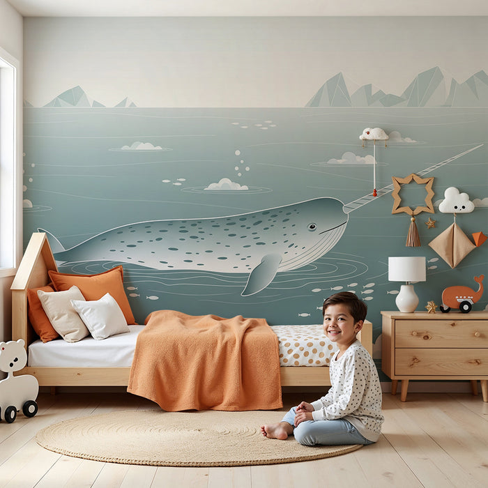 Papier peint chambre enfant | Narval dans un décor océanique doux