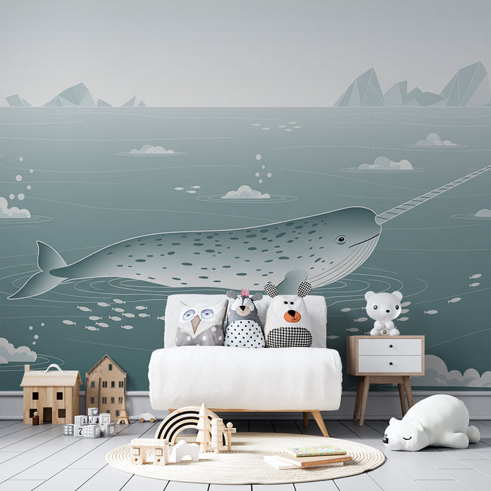 Papier peint chambre enfant | Narval dans un décor océanique doux