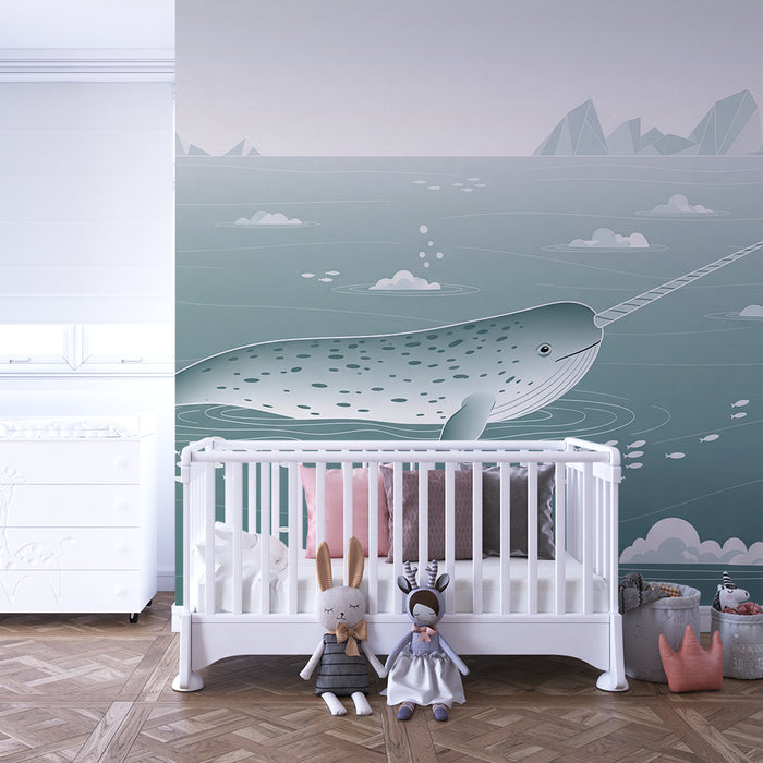 Papier peint chambre enfant | Narval dans un décor océanique doux