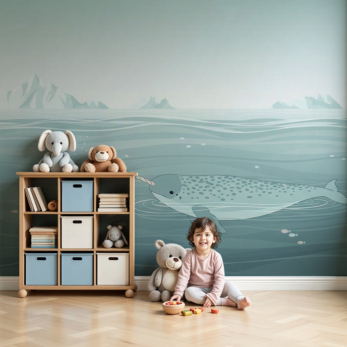 Papel de parede para quarto infantil | Narval num oceano tranquilo com peixes coloridos