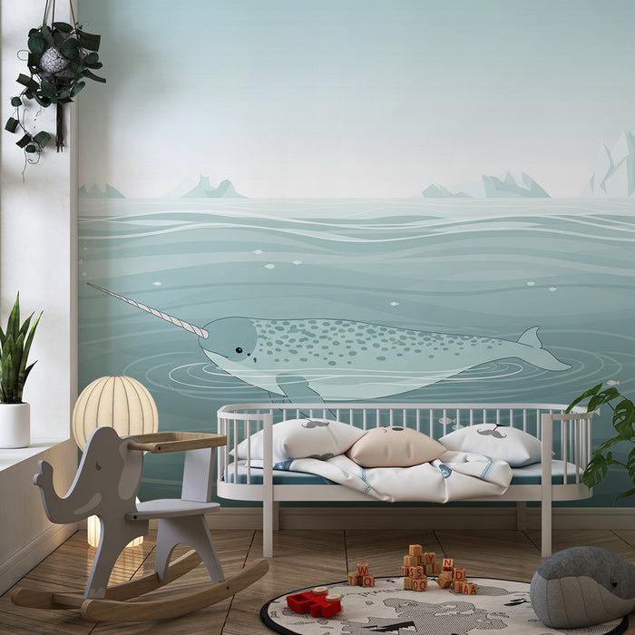 Papel de parede para quarto infantil | Narval num oceano tranquilo com peixes coloridos