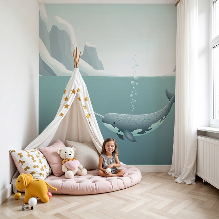 Papel de parede para quarto infantil | Narval numa paisagem polar serena
