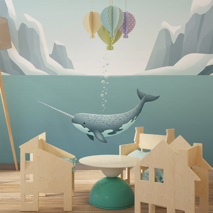 Papel de parede para quarto infantil | Narval numa paisagem polar serena