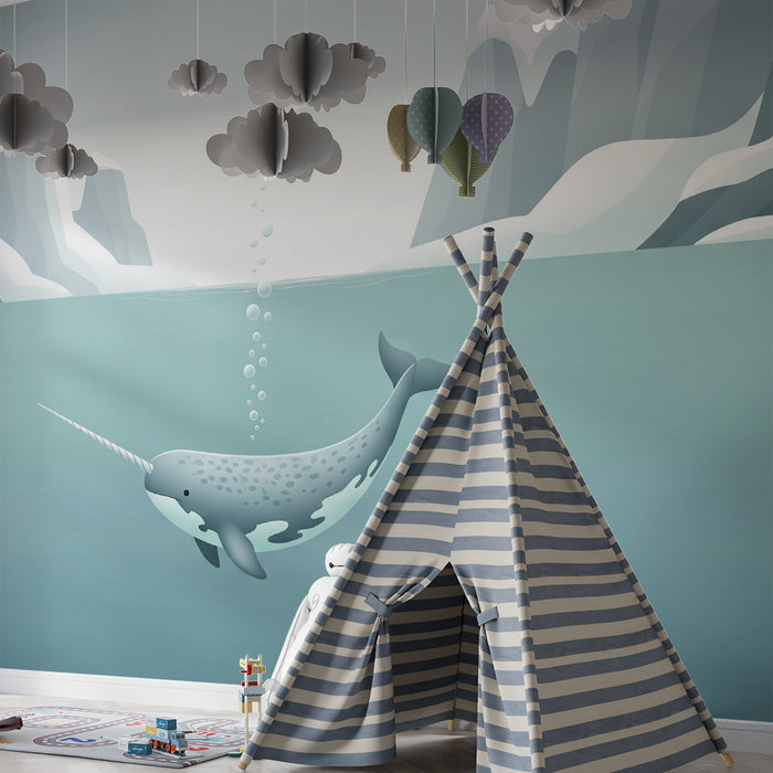 Papel de parede para quarto infantil | Narval numa paisagem polar serena