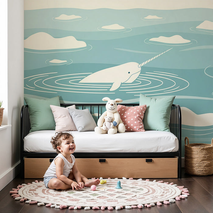 Papier peint chambre enfant | Narval et icebergs dans un océan apaisant