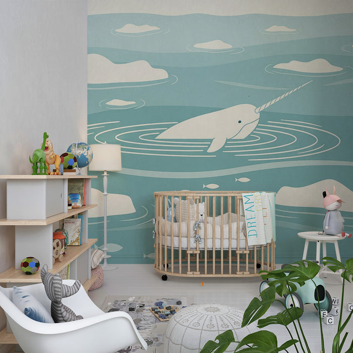 Papier peint chambre enfant | Narval et icebergs dans un océan apaisant
