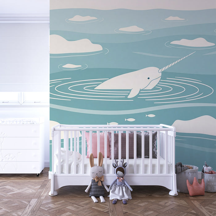 Papier peint chambre enfant | Narval et icebergs dans un océan apaisant