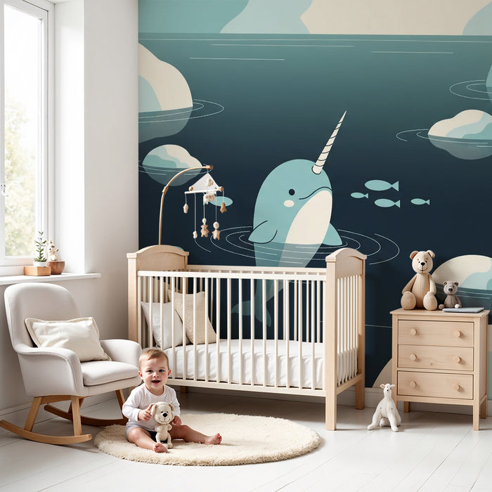 Children's bedroom wallpaper | Narwhal and icebergs in a calm ocean