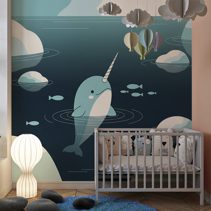 Children's bedroom wallpaper | Narwhal and icebergs in a calm ocean