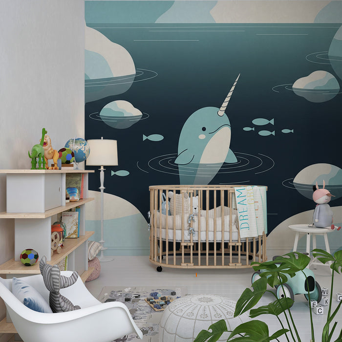 Children's bedroom wallpaper | Narwhal and icebergs in a calm ocean