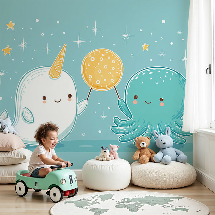 Papel de parede criança | Narval e polvo feliz sob as estrelas