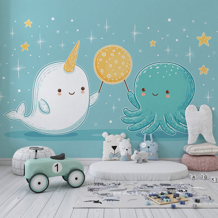Papel de parede criança | Narval e polvo feliz sob as estrelas