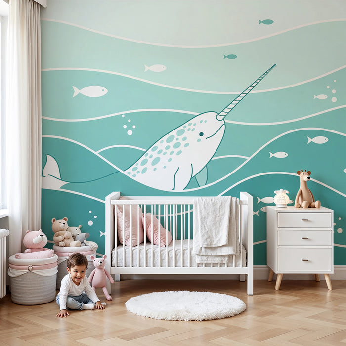 **Papier peint chambre enfant | Narval et poissons dans les vagues océaniques**

Dječja tapeta | Narval i ribe u oceanskim valovima