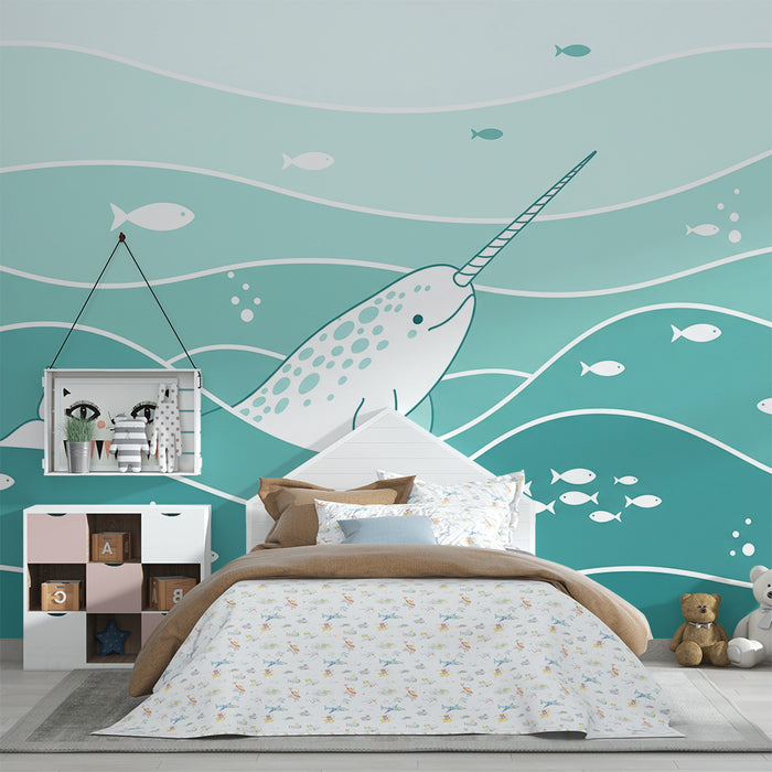 **Papier peint chambre enfant | Narval et poissons dans les vagues océaniques**

Dječja tapeta | Narval i ribe u oceanskim valovima