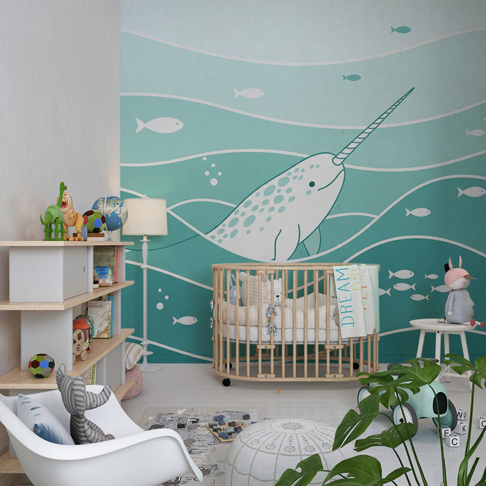 **Papier peint chambre enfant | Narval et poissons dans les vagues océaniques**

Dječja tapeta | Narval i ribe u oceanskim valovima