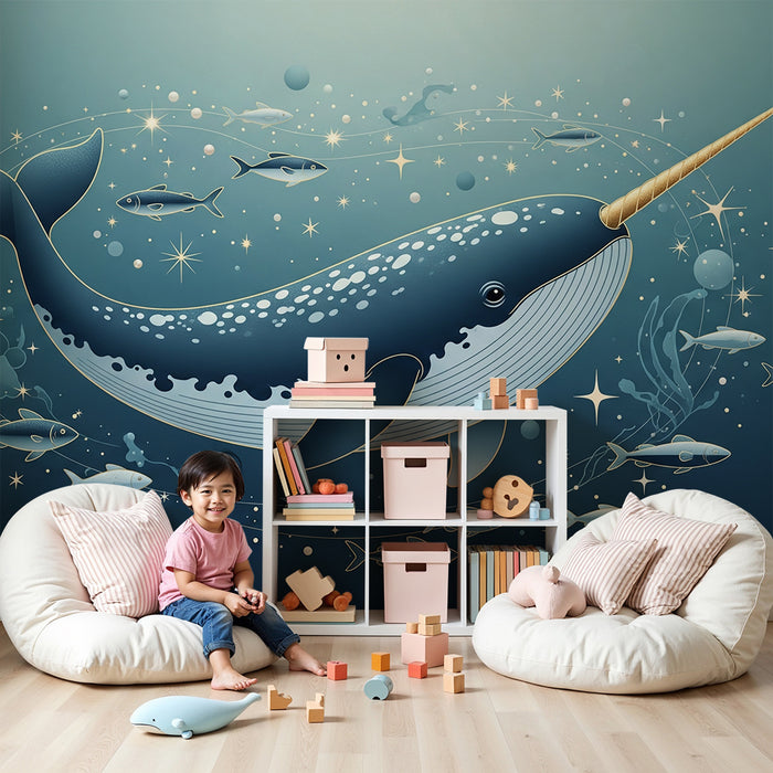 Papel de parede criança | Narval e peixes num oceano estrelado