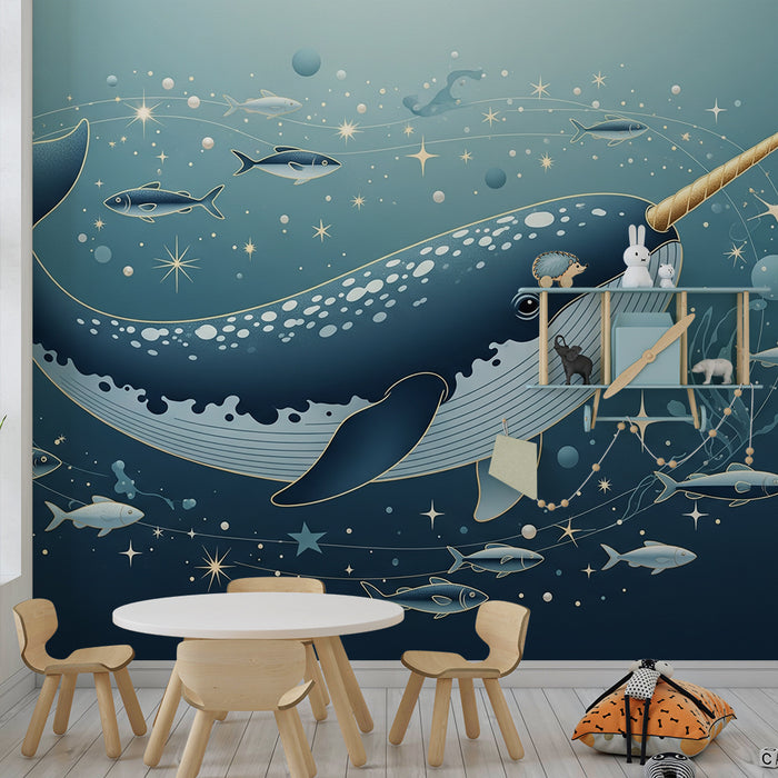 Papel de parede criança | Narval e peixes num oceano estrelado