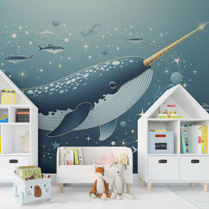 Papel de parede criança | Narval e peixes num oceano estrelado