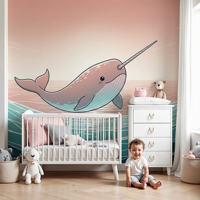 Papel pintado infantil | Narval feliz nadando en olas coloridas