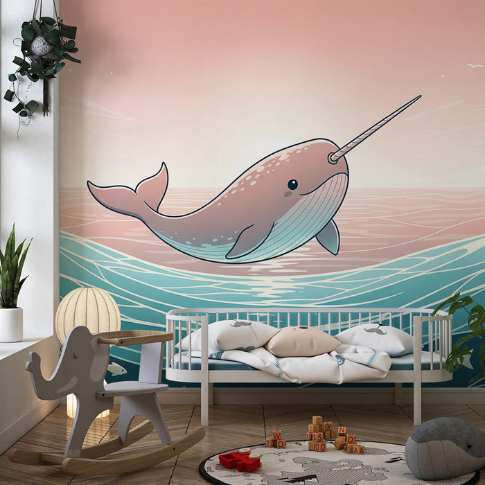 Papel pintado infantil | Narval feliz nadando en olas coloridas