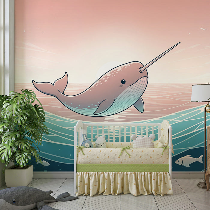 Papel pintado infantil | Narval feliz nadando en olas coloridas