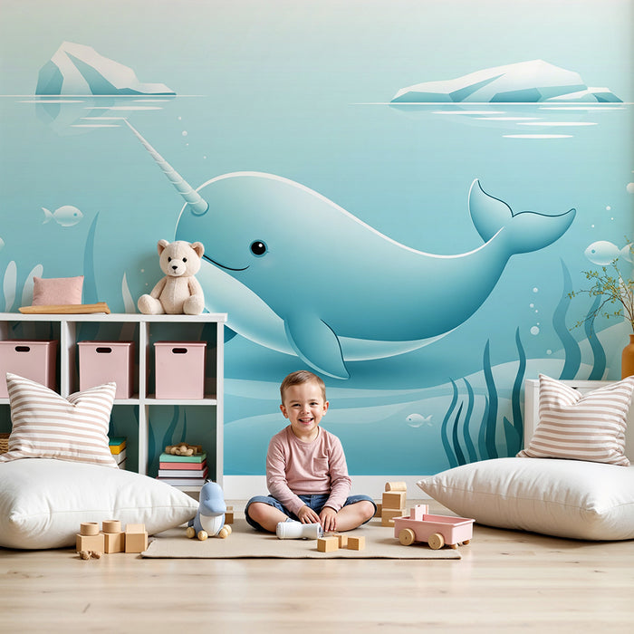 Papel de parede para quarto infantil | Narval feliz a nadar entre algas marinhas