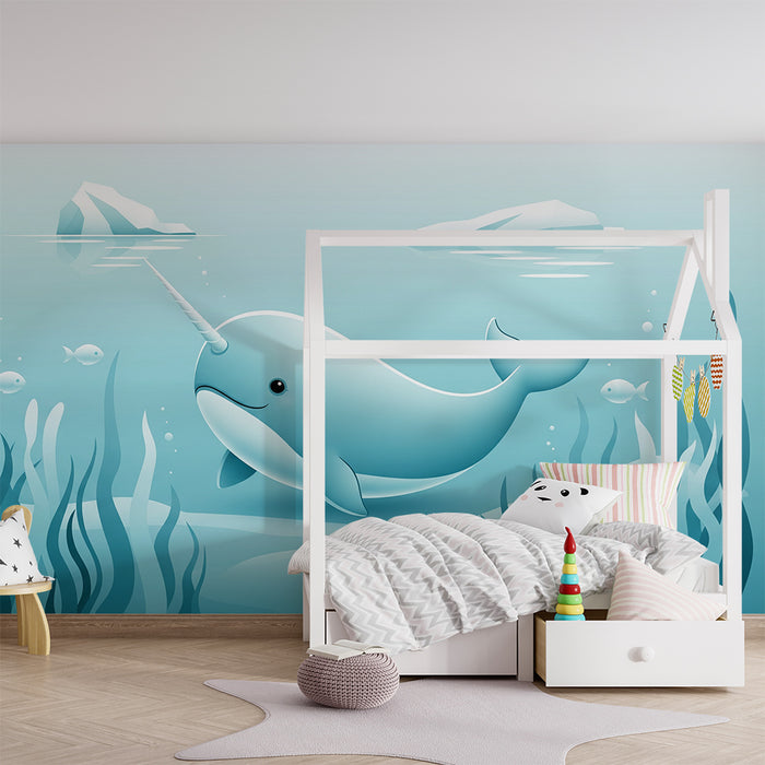 Papel de parede para quarto infantil | Narval feliz a nadar entre algas marinhas
