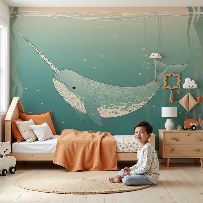Children's bedroom wallpaper | Magical narwhal in a calming ocean