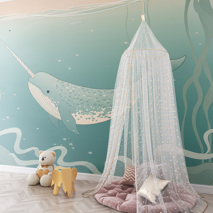 Children's bedroom wallpaper | Magical narwhal in a calming ocean