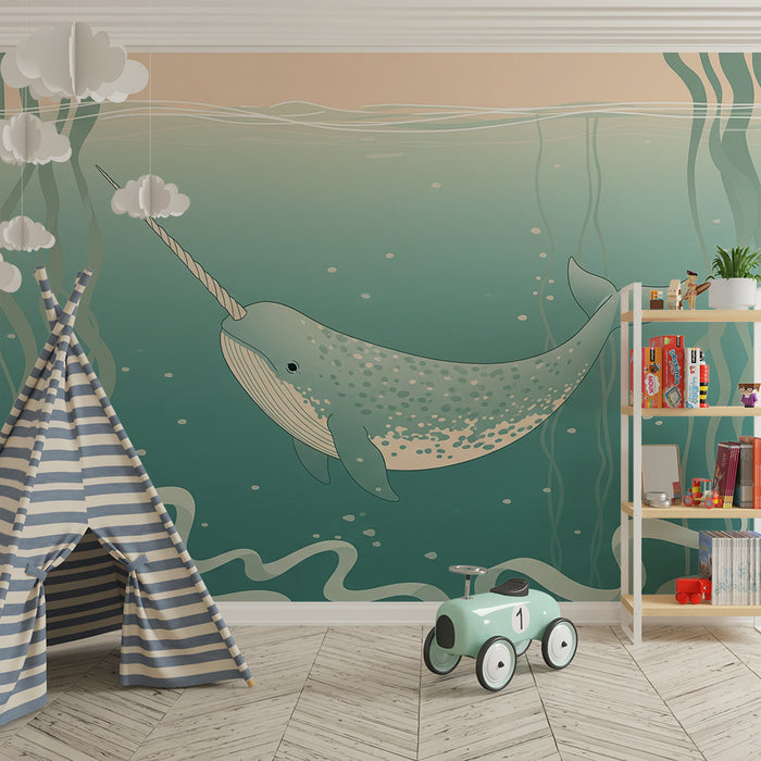 Children's bedroom wallpaper | Magical narwhal in a calming ocean