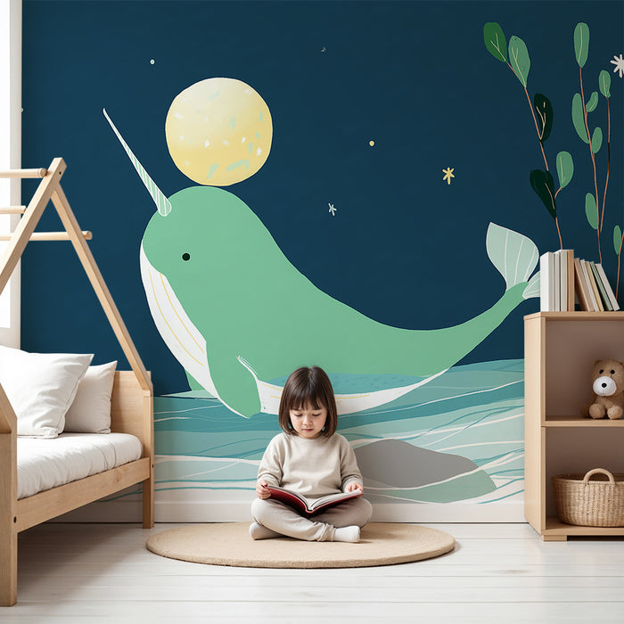 Kinderzimmer Tapete | Magischer Narwal unter einem Sternenhimmel