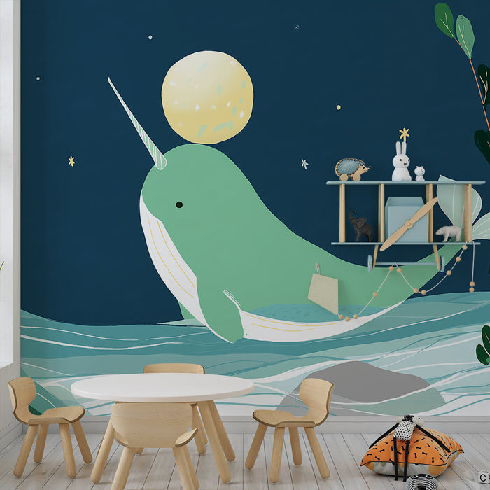 Kinderzimmer Tapete | Magischer Narwal unter einem Sternenhimmel