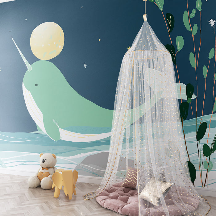 Kinderzimmer Tapete | Magischer Narwal unter einem Sternenhimmel