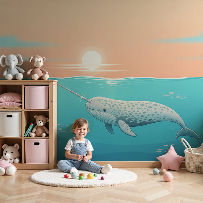 Children's bedroom wallpaper | Magical narwhal under a calming sunset