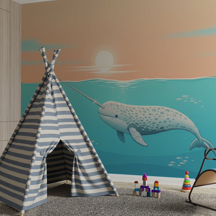 Children's bedroom wallpaper | Magical narwhal under a calming sunset