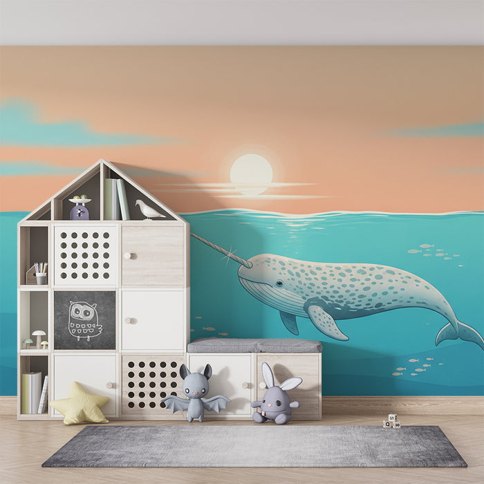 Children's bedroom wallpaper | Magical narwhal under a calming sunset