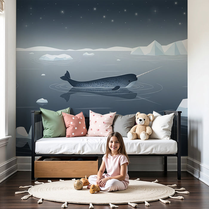 Papier peint chambre enfant | Narval majestueux dans un paysage polaire étoilé