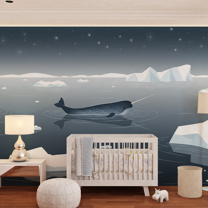 Papier peint chambre enfant | Narval majestueux dans un paysage polaire étoilé