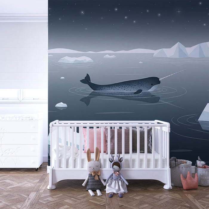 Papier peint chambre enfant | Narval majestueux dans un paysage polaire étoilé