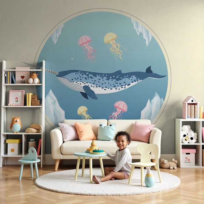 Kinderzimmer Tapete | Majestätischer Narwal und bunte Quallen in einer Unterwasserwelt