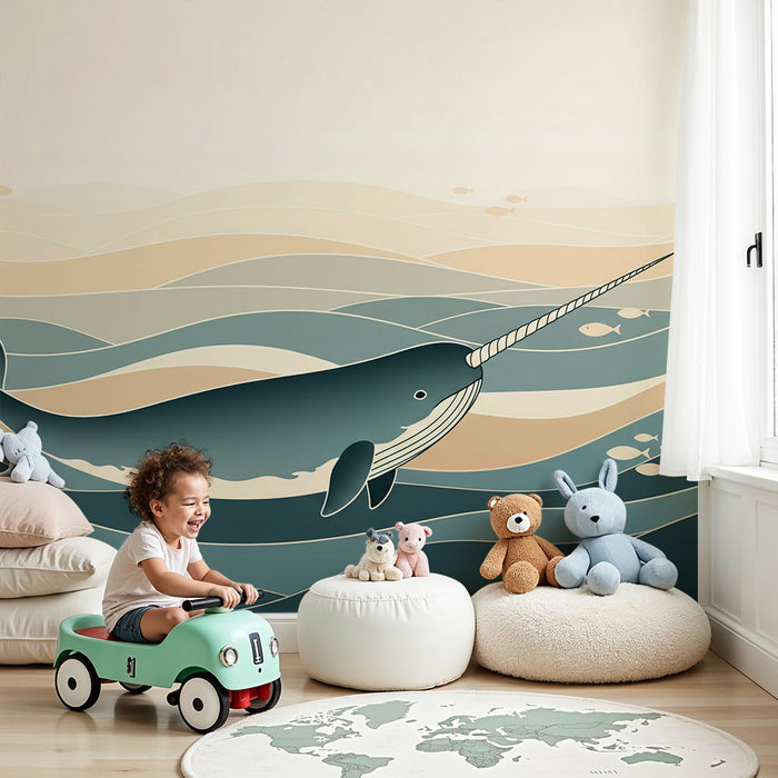 Papier peint chambre enfant | Narval majestueux nageant dans des vagues apaisantes