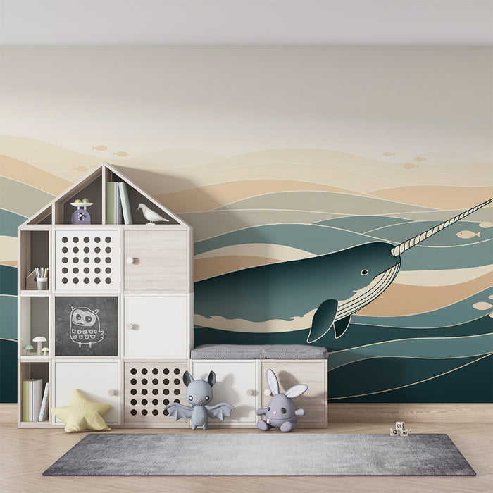 Papier peint chambre enfant | Narval majestueux nageant dans des vagues apaisantes