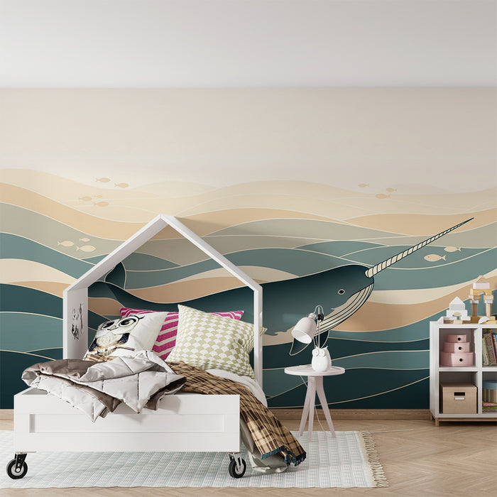 Papier peint chambre enfant | Narval majestueux nageant dans des vagues apaisantes