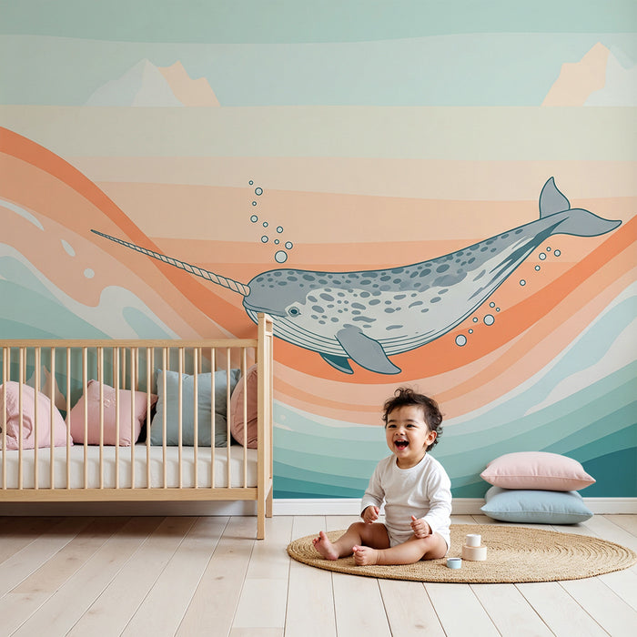 Kinderzimmer-Tapete | Majestätischer Narwal, der durch bunte Wellen schwimmt