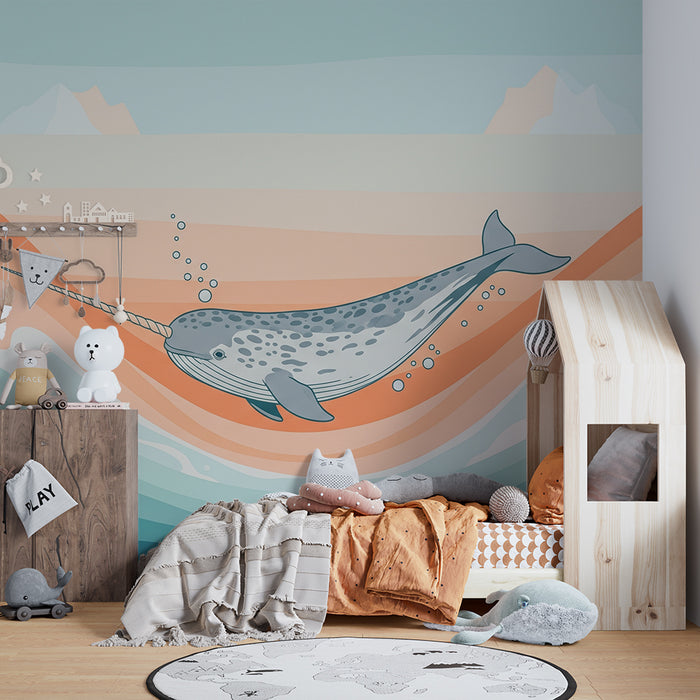 Kinderzimmer-Tapete | Majestätischer Narwal, der durch bunte Wellen schwimmt